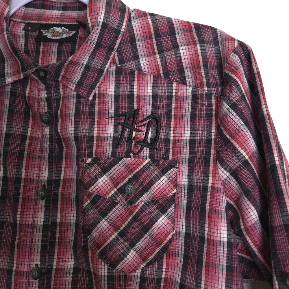 HARLEY DAVIDSON‎ Embroidered Logo Pink Check 3/4 Sleeve Casual Shirt L - Picture 6 of 8